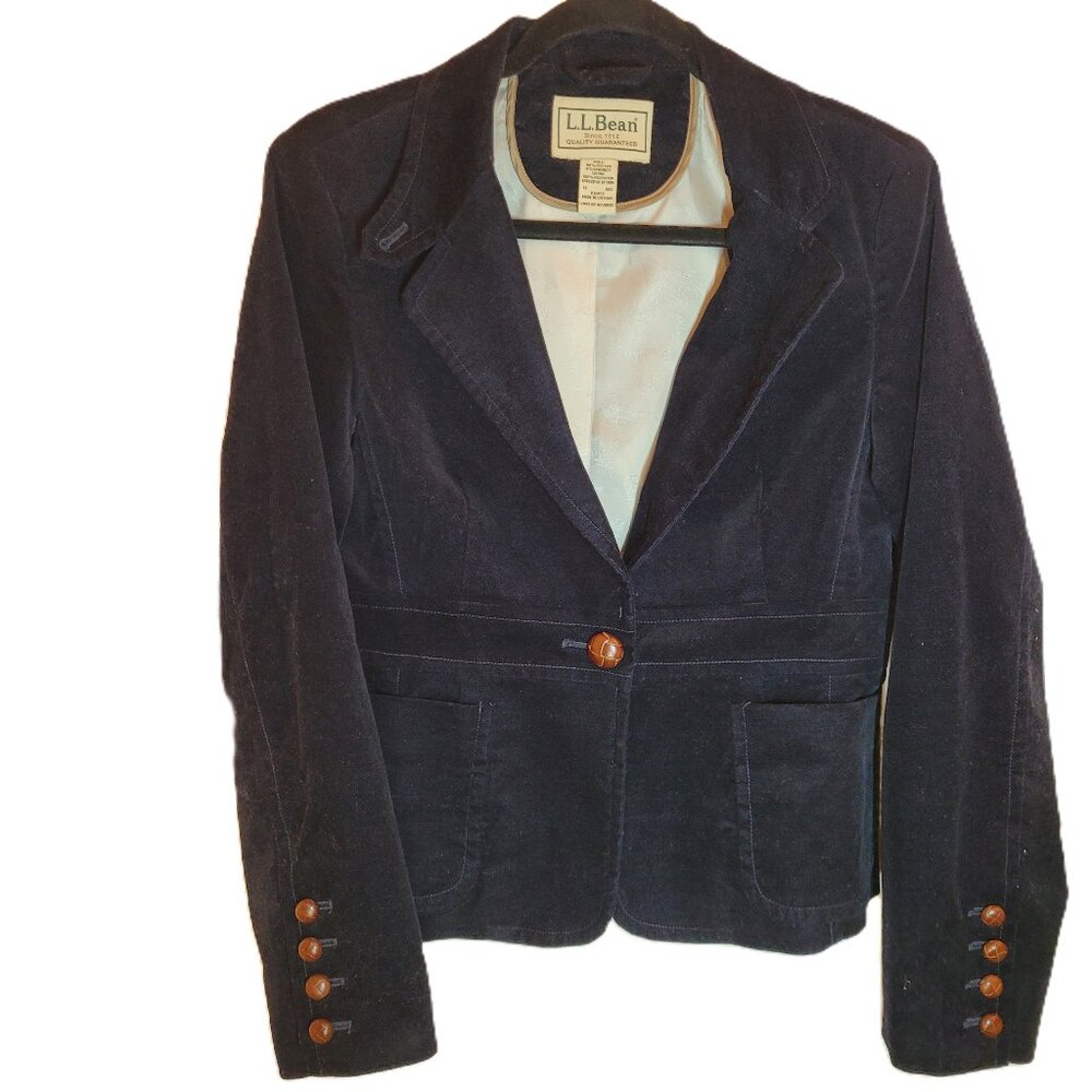 L.L. Bean Women's Velvet Navy Blue Lined Blazer with Embroidered Dog Size 12